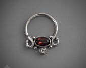 Silver Septum For Pierced Nose With Garnet Stone - Septum Jewelry - Septum Piercing - Nose Jewelry - 18g Septum