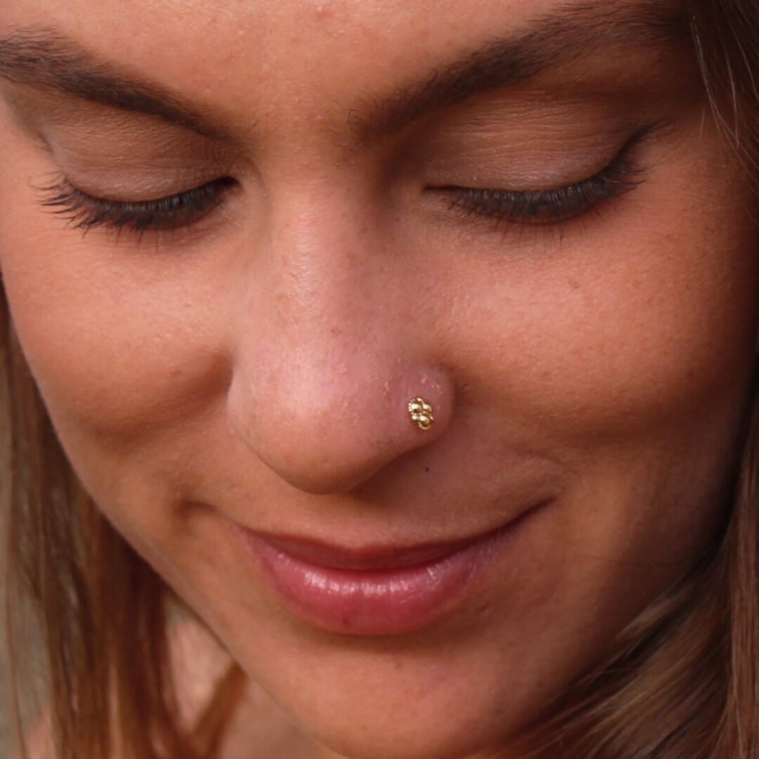 14k Solid Gold Nose Stud, Flower Nose Screw, 22g Nose Jewelry, Tribal