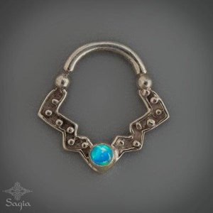 Piercing Jewelry, Daith Jewelry, Silver Septum Ring, Cartilage Earring, Rook Earring, Helix Hoop, Tragus, India Nose Ring, Tribal, Opal, 18g