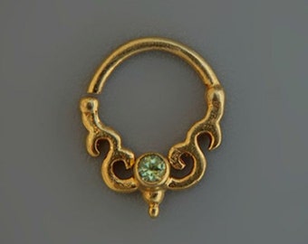 Unique Gold Septum Ring For Pierced Nose With Peridot Stone, 24 kt Gold Nose Ring, Stone Septum Jewelry By Sagia