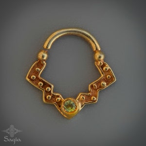 Gold Septum Ring With Peridot Stone, Gold Nose Ring, Ethnic Tribal Septum Jewelry, 18g Septum By Sagia