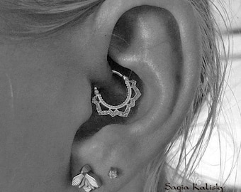 Lotus Piercing, Daith Jewelry, Cartilage Earring, Rook Earring, Helix Hoop, Tragus, Silver Septum Ring, India Nose Ring, Tribal, 16g, 18g