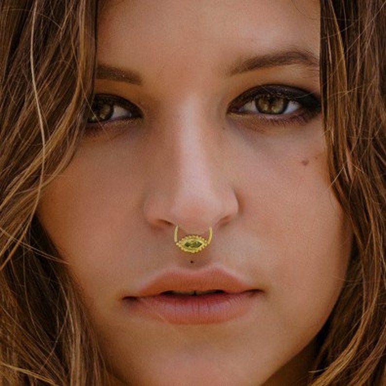 Silver Septum Ring With Amethyst For Pierced Nose, Stone Septum Tribal Nose Jewelry, Septum 16g, Septum 18g, Sagia image 4