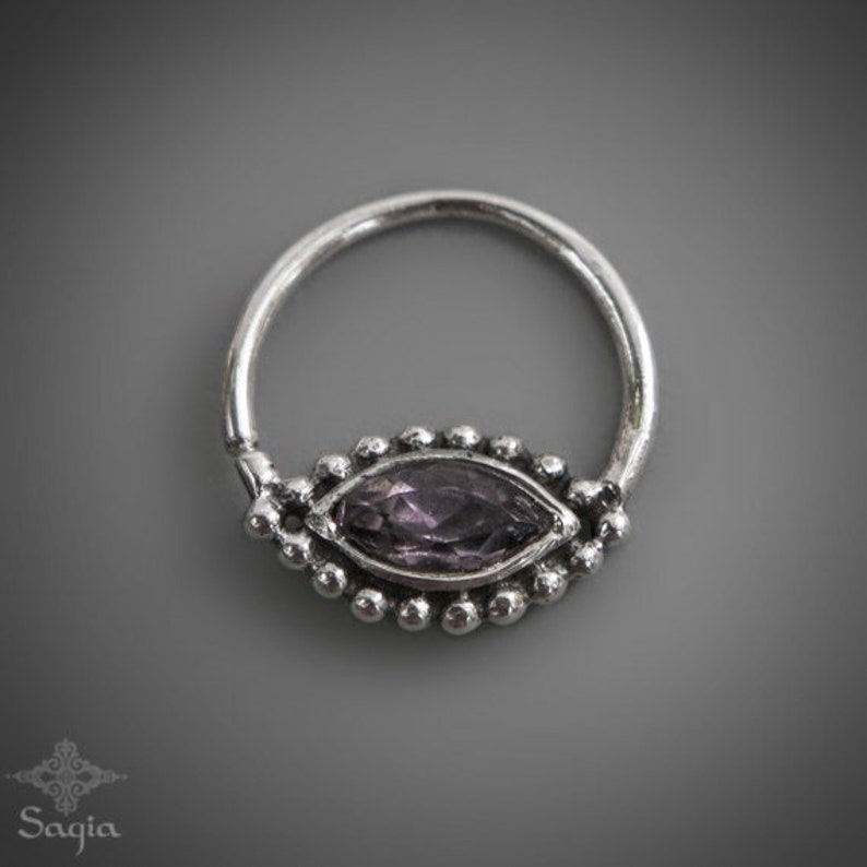 Silver Septum Ring With Amethyst For Pierced Nose, Stone Septum Tribal Nose Jewelry, Septum 16g, Septum 18g, Sagia image 1