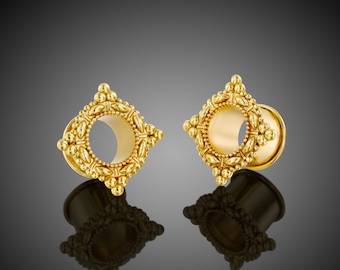 Ear Tunnels, Tunnels, Gold Plugs, Gold Gauges Earrings, Gauge Jewelry, Brass Plugs, 6, 8, 10, 12mm, 2g 0g 00g Tunnel, Tribal Gauges, Floral