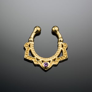 Faux Piercing, Fake Septum Ring, Septum Clip On, Gold Septum Ring, Tribal Septum Ring, Sacred Geometry Jewelry, Piercing Jewelry, Amethyst