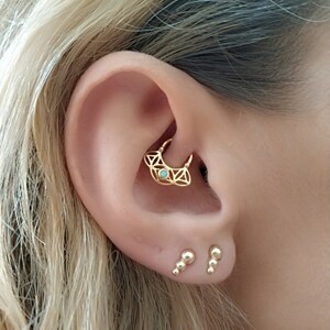 Daith Earring, Gold Septum Ring, Septum Jewelry, Helix Earring, Tragus Piercing, Indian Tribal, Opal, Nose, Cartilage, Silver Ring, 16g, 18g
