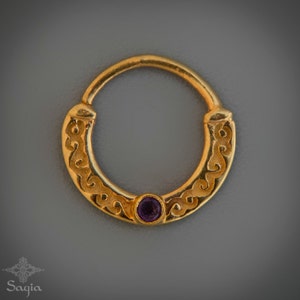 Gold Amethyst Septum Ring, 24kt gold plated Nose Ring, Septum With Stone, Septum 18g, Tribal Septums By Sagia