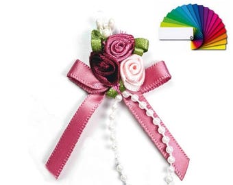 5 bouquets fleurs noeud et perles / Nombreux coloris / Fleurs en ruban de satin, petites roses tissu décoration mariage, appliqués fleurs