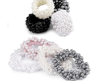 Stretchy Hair Tie with Faux Pearls / Elastic hair band with pearls / ivory, white, silver, black / For bun or ponytail