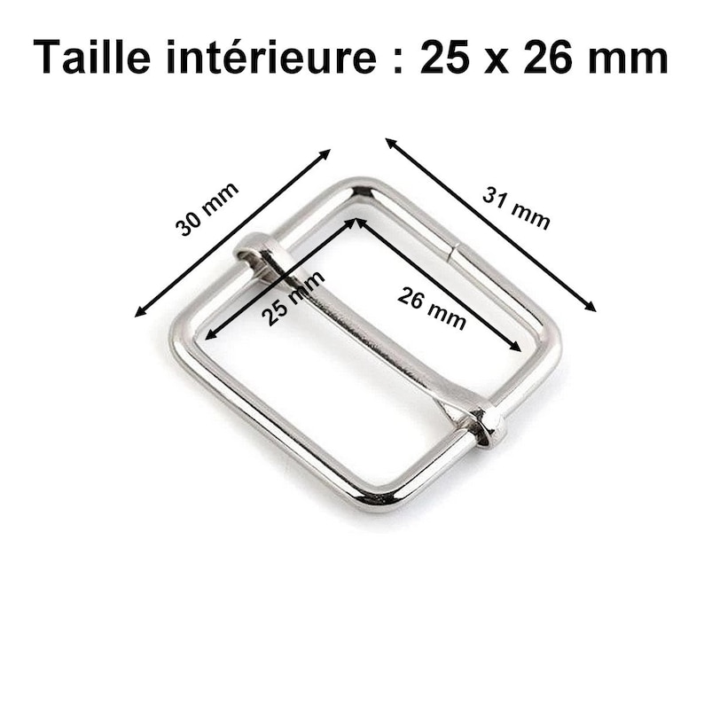 May include: Silver metal buckle with a rectangular shape and a measurement of 25 x 26 mm. The buckle has a 30 mm width and a 31 mm height.