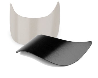 May include: Two visor hats, one black and one light gray. The hats are curved and have a slightly pointed shape.