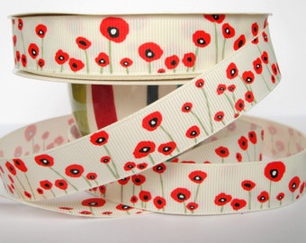 3yd Red Poppy Ribbon 0.63" or 0.87" / White or Ivory / Gift Wrap, Cake Decor, Mother's Day, Birthday, Spring, Easter