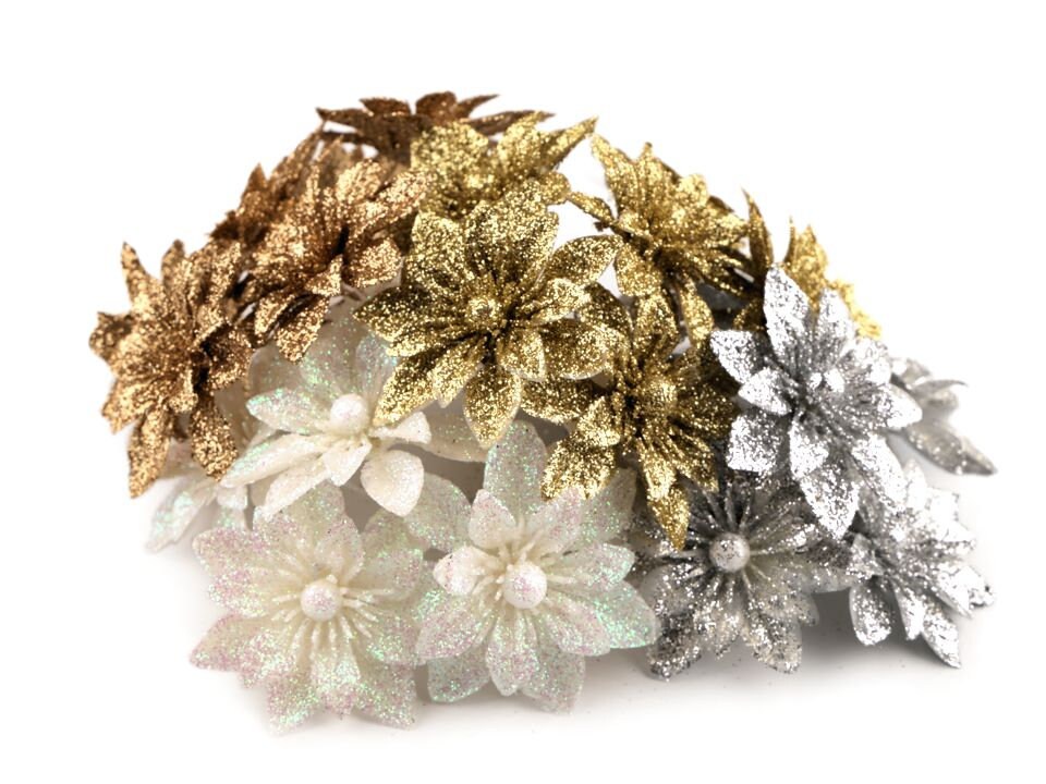 Bouquet de 6 Fleurs Pailletées sur Pic/Argent, Or, Blanc, Cuivre Pour Décoration Noël, Couronnes L'a