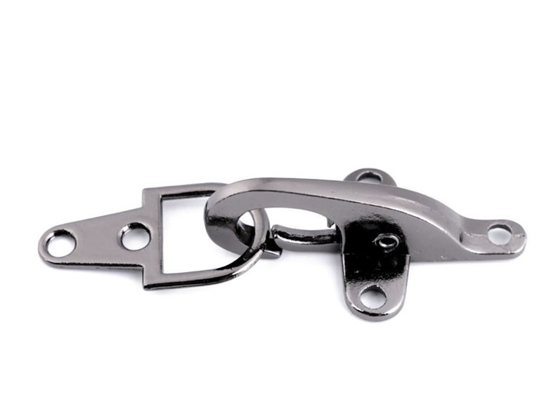 May include: A silver-toned metal hook and loop fastener with a D-ring. The hook is attached to a flat plate with two holes. The loop is attached to a flat plate with three holes.