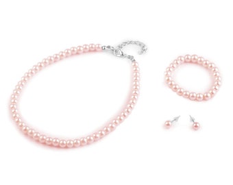 Parure per bambini, bracciale collana e orecchini di perle rosa chiaro