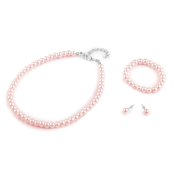 Parure de bijoux enfant collier bracelet et boucles d'oreilles de perles rose clair