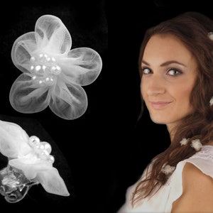 10 clip di capelli di granchio con fiori di organza e perle / molti colori / mollette per capelli, fiori per capelli