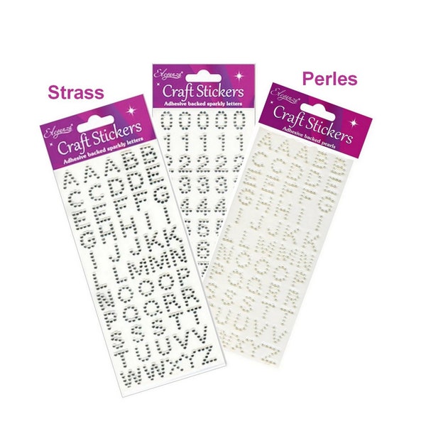 2 planches de Stickers alphabet autocollant perles ou strass, lettres ou chiffres