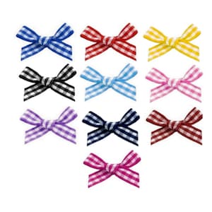 Puede incluir: Surtido de 10 lazos de cinta vichy en varios colores, incluyendo azul, rojo, amarillo, rosa, negro, morado, azul marino y blanco. Los lazos están todos atados en un nudo simple y tienen un patrón a cuadros.