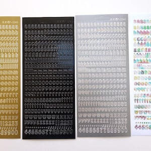 2 Stickers alphabet chiffres 8mm / argent, or, noir, arc-en-ciel / autocollants pour collage, scrapbooking, lettrage, marquage