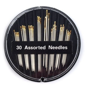 30 Assorted Hand Needles Kompakt Sharps, Gold-Eye / hand sewing needles / different sizes / quality sewing needles