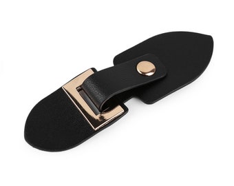 Tab with buckle and black and gold faux leather snap / eco leather fastener, buckle closure for clothing or leather goods