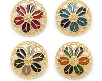 2 juwelenknopen emaille en goud metaal 15 mm / rood, blauw, bruin, groen / goud knop met bloem, luxe sieraden knop