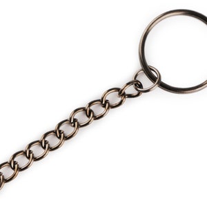 Può includere: Un portachiavi argentato con un anello rotondo e una catena attaccata.