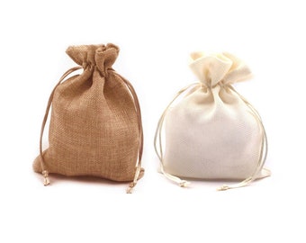 2 Drawstring Pouch Bag Jute Imitation / ivory or brown / Linen effect purse, jute bag, fabric bag
