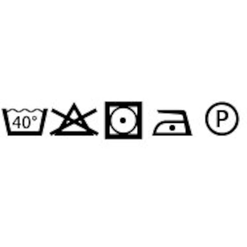May include: A black and white image displaying a series of laundry care symbols. The symbols include a washtub with "40&deg;" inside, a crossed-out triangle, a square with a circle inside, an iron, and a circle with a "P" inside.