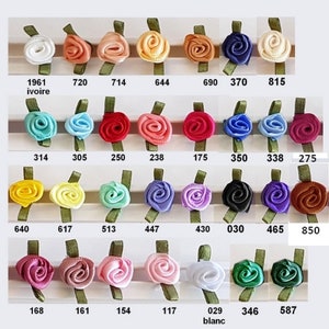 Mini roses and leaves in satin ribbon 12mm / Many colors / Satin flowers, small roses fabric decoration wedding zdjęcie 2