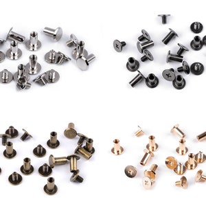 Peut inclure: Assortiment de rivets métalliques en finitions argent, noir et or. Les rivets ont une tête ronde et une tige filetée. Ils sont couramment utilisés pour fixer du tissu, du cuir ou d'autres matériaux.