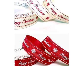 Festive Christmas Ribbon - Happy Christmas Printed, Gift Wrapping Accessory