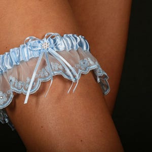 Lace and satin wedding garter, ivory or white and blue bridal garter
