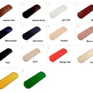 May include: A chart of 14 different colored leather swatches. The swatches are labeled with numbers and names in French. The colors include: maroon, blue, black, gray, beige, red, ivory, yellow, and green.