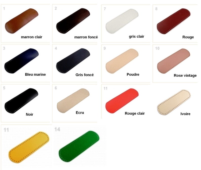 May include: A chart of 14 different colored leather swatches. The swatches are labeled with numbers and names in French. The colors include: maroon, blue, black, gray, beige, red, ivory, yellow, and green.