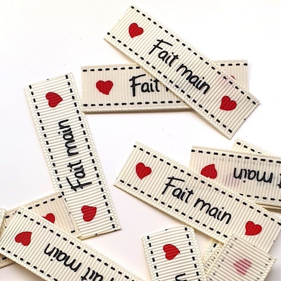 Etiquettes fait main 55x16mm grosgrain ivoire avec surpiqures /  Etiquettes Handmade