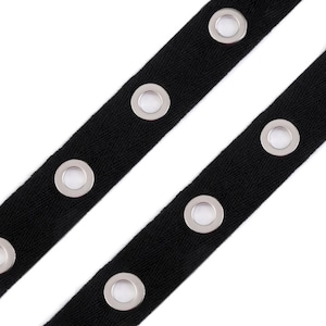 Galon coton noir avec oeillets argents 24mm / bande de ganse ornée de trous cercles metalliques, pour bustier, laçage, style gothique