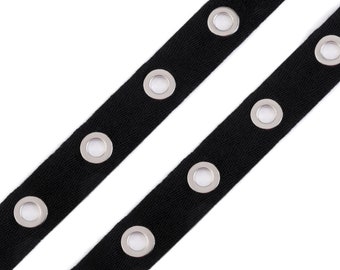Metal Grommet /Eyelet Tape / Black cotton ribbon with silver eyelets 24mm / for bustier, lacing, Gothic style