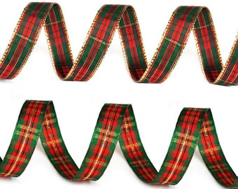Ruban tartan métallisé 15mm / Rouge, vert et or / Ruban de Noël, ruban à carreaux, ruban écossais, décoration Noël