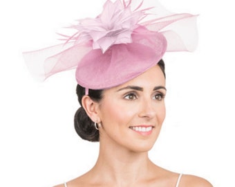 Pink mauve wedding fascinator with veil and flower, wedding head piece