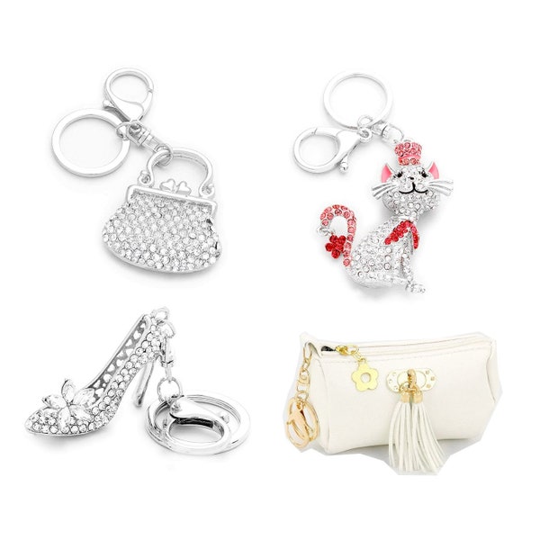 Porte clés luxe / sac, chaussure ou chat en métal et cristaux swarovski / Sac cuir ivoire / breloque de sac, charm en cristal, pendentif sac