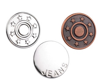 5 boutons jeans 20 mm argent, cuivre ou bronze avec étoile