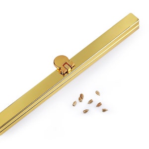 Op de afbeelding: Gouden metalen tasframe met een sluitclip en een set kleine schroeven.