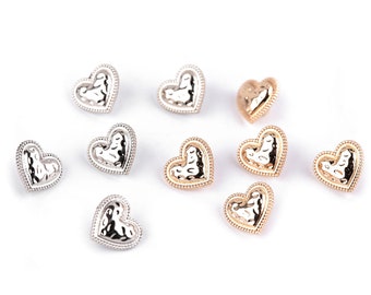 11 mm metal heart buttons, gold or silver, shiny decorative buttons