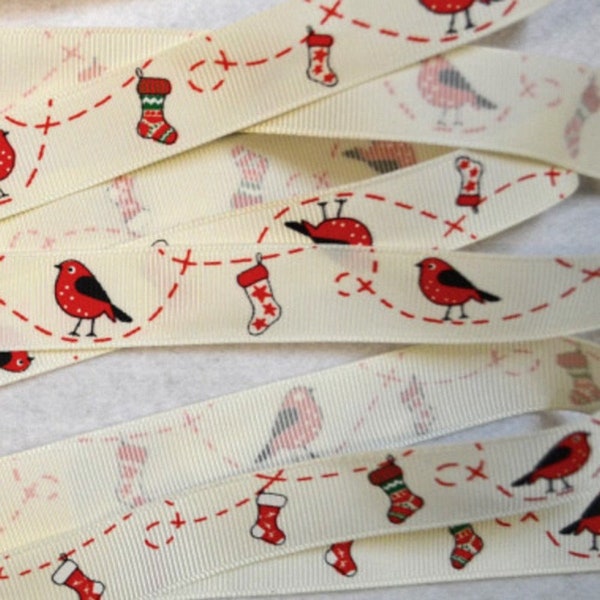 3M ruban grosgrain Robin & Stocking Christmas 19mm / Ruban motif oiseaux, ruban Noel, ruban cadeaux, galon oiseaux, ruban animal