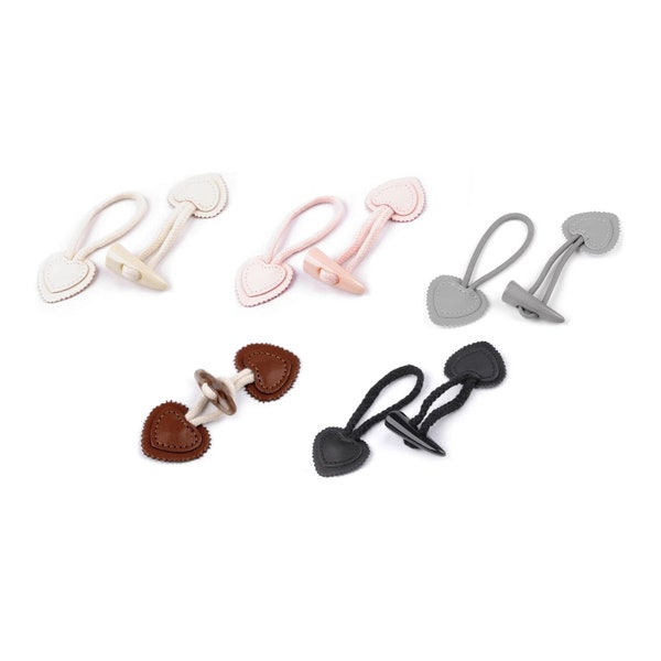 2 Imitation leather heart-shaped Brandenburg fasteners and toggle buckle / horn button for jacket, coat, baby, child