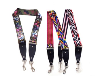 Shoulder strap, multicolored cotton bag handle and black faux leather / adjustable from 23 to 47"/ with snap hooks and adjustable buckle