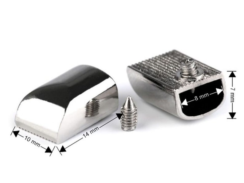 May include: Silver-toned metal furniture end caps with a screw-on design. The end caps measure 10 mm by 14 mm and 8 mm by 7 mm.